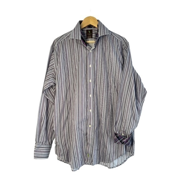 TailorByrd Mens Long Sleeve XL Purple White Striped Spread Collar Flip Cuff - Picture 3 of 4